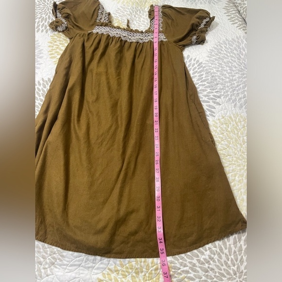 Madewell Womens Smocked Neck Linen Olive Green Puff-Sleeve Mini Dress Sz S - Picture 9 of 13